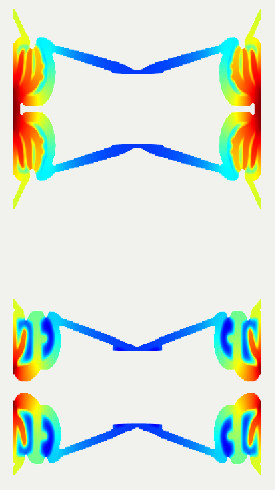 Thermally actuated lock mechanism obtained through multi-material topology optimization.